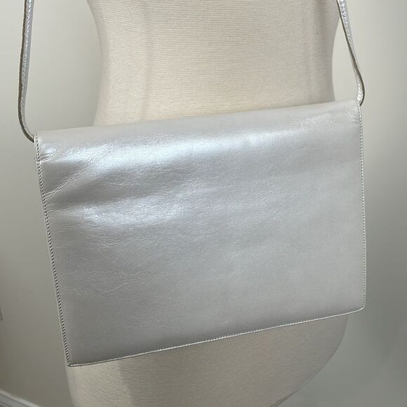 Raphael Salato Vintage Leather Flap Bag Clutch 70s White Blue Crystal Leaf - Picture 4 of 11